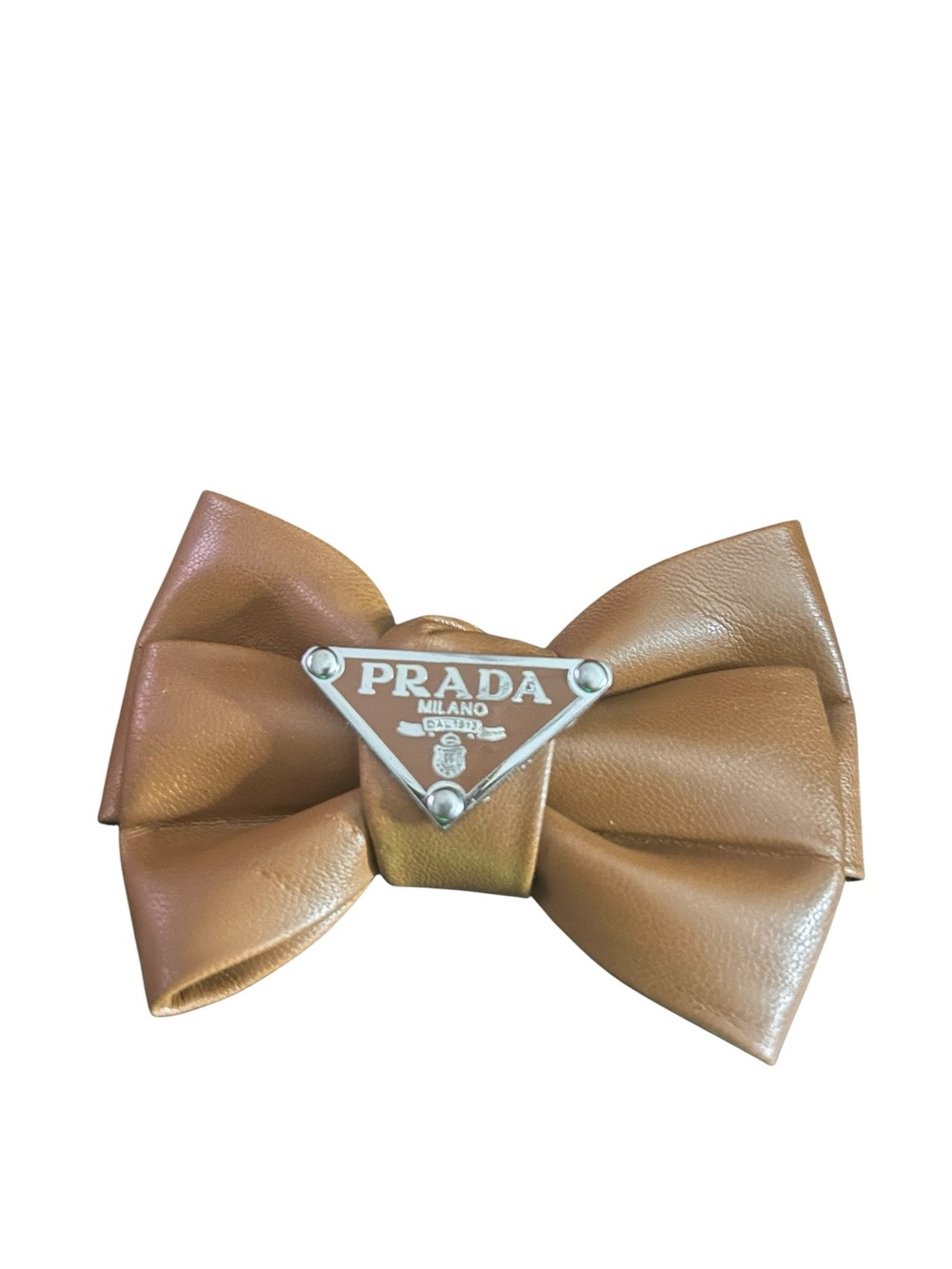 Tan Leather Bow Hair Clip with Logo Plaque